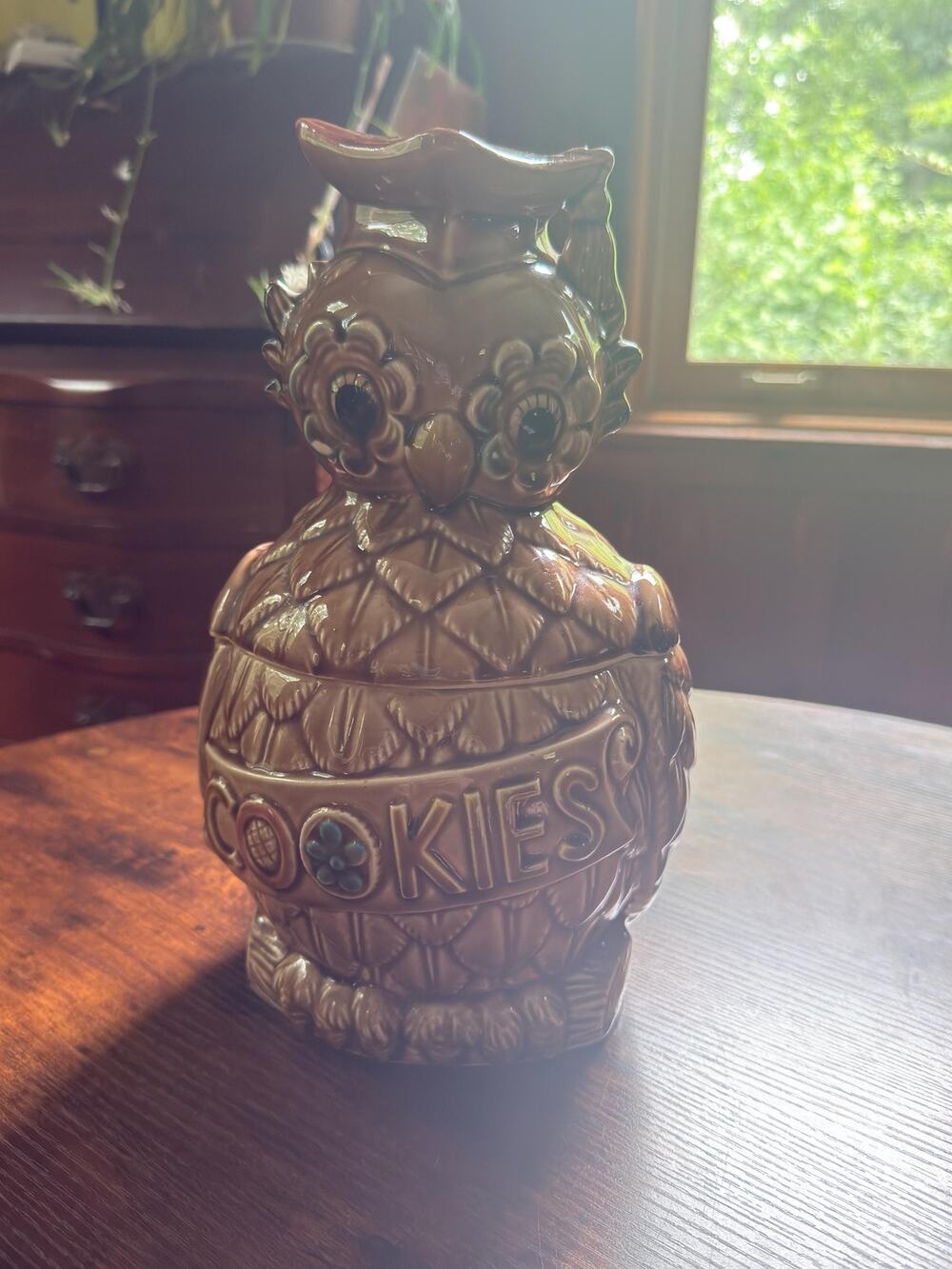 Ceramic Owl Cookie Jar with Graduation Cap, 1960s Brown Wise Old Owl Cookies